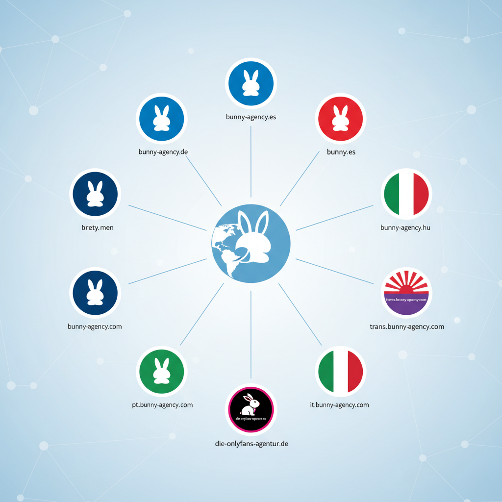 Infografika, amely bemutatja a Bunny Agency globális elérését és szolgáltatásait, beleértve a bunny-agency.de, bunny-agency.es, bunny-agency.fr, bunny-agency.hu, bunny-agency.men, trans.bunny-agency.com, jp.bunny-agency.com, pt.bunny-agency.com, it.bunny-agency.com és die-onlyfans-agentur.de logóit. – A legjobb OnlyFans ügynökségek 2026 illusztráció