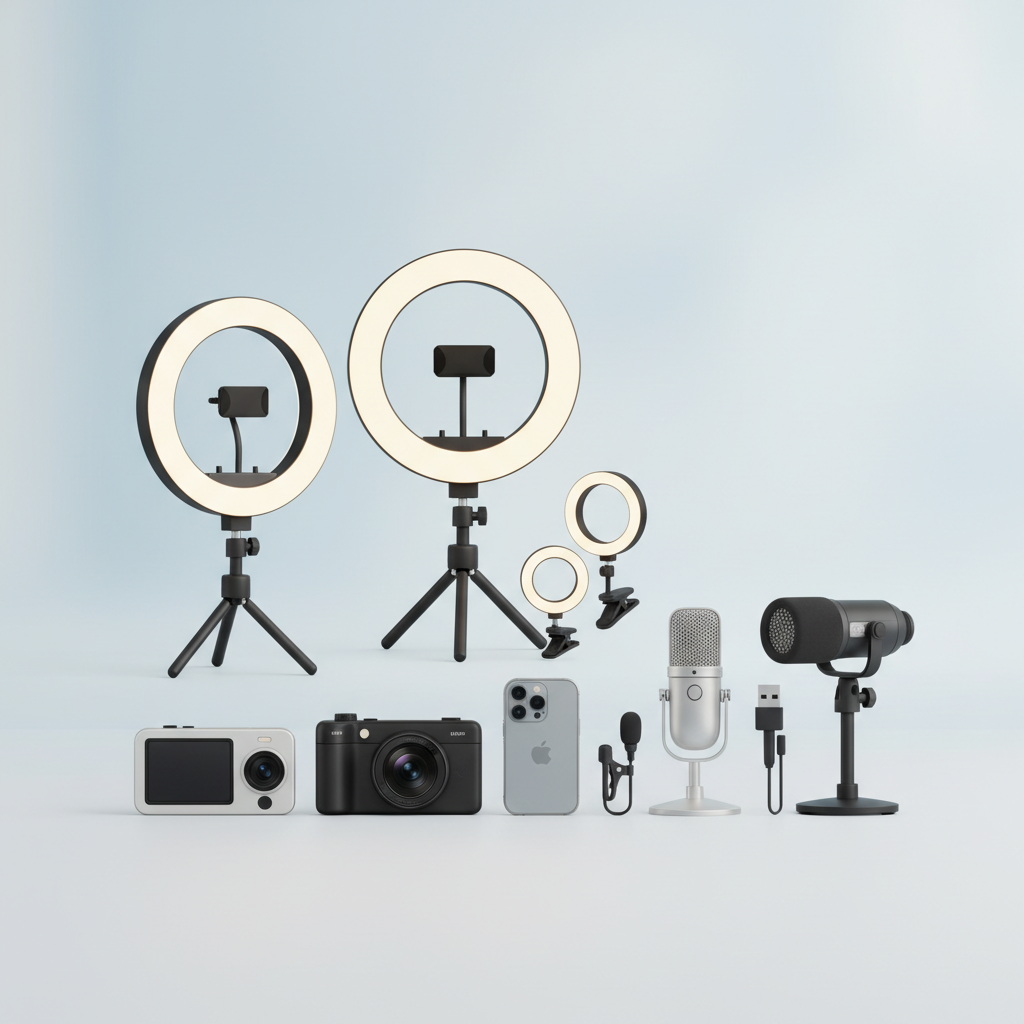 Megfizethető ring lightok, okostelefon kamerák és mikrofonok gyűjteménye szépen elrendezve. - A tökéletes OnlyFans Setup 200€ alatt: Ring Light, Kamera & Appok illusztráció