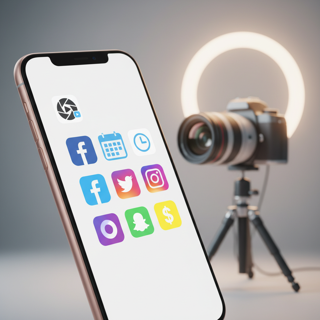 Okostelefon képernyő, amelyen különböző szerkesztő, ütemező és közösségi média alkalmazások láthatók. - A tökéletes OnlyFans Setup 200€ alatt: Ring Light, Kamera & Appok illusztráció