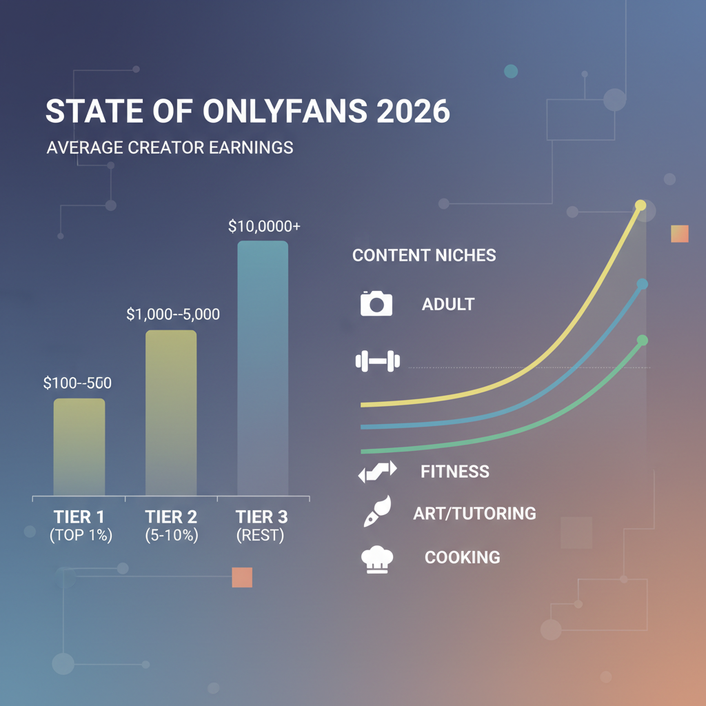 Grafikon, amely az átlagos alkotói bevételeket mutatja a különböző szinteken és tartalom niche-ekben. – Az OnlyFans 2026 állapota illusztráció
