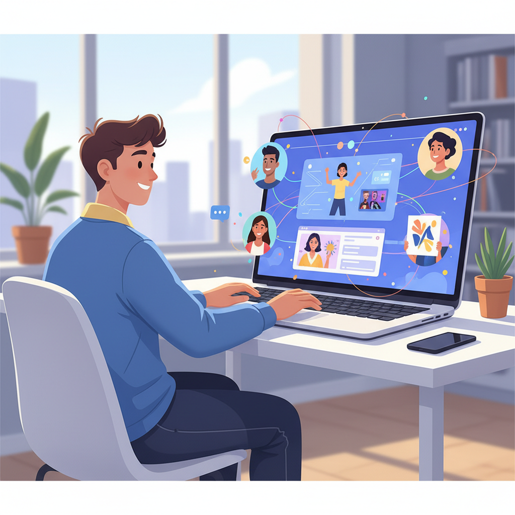 Egy alkotó interakcióban a rajongókkal, laptopon keresztül, érdekes tartalmat mutatva. - Átírás: https://bunny-agency.com/onlyfans-blog/test/ illusztráció