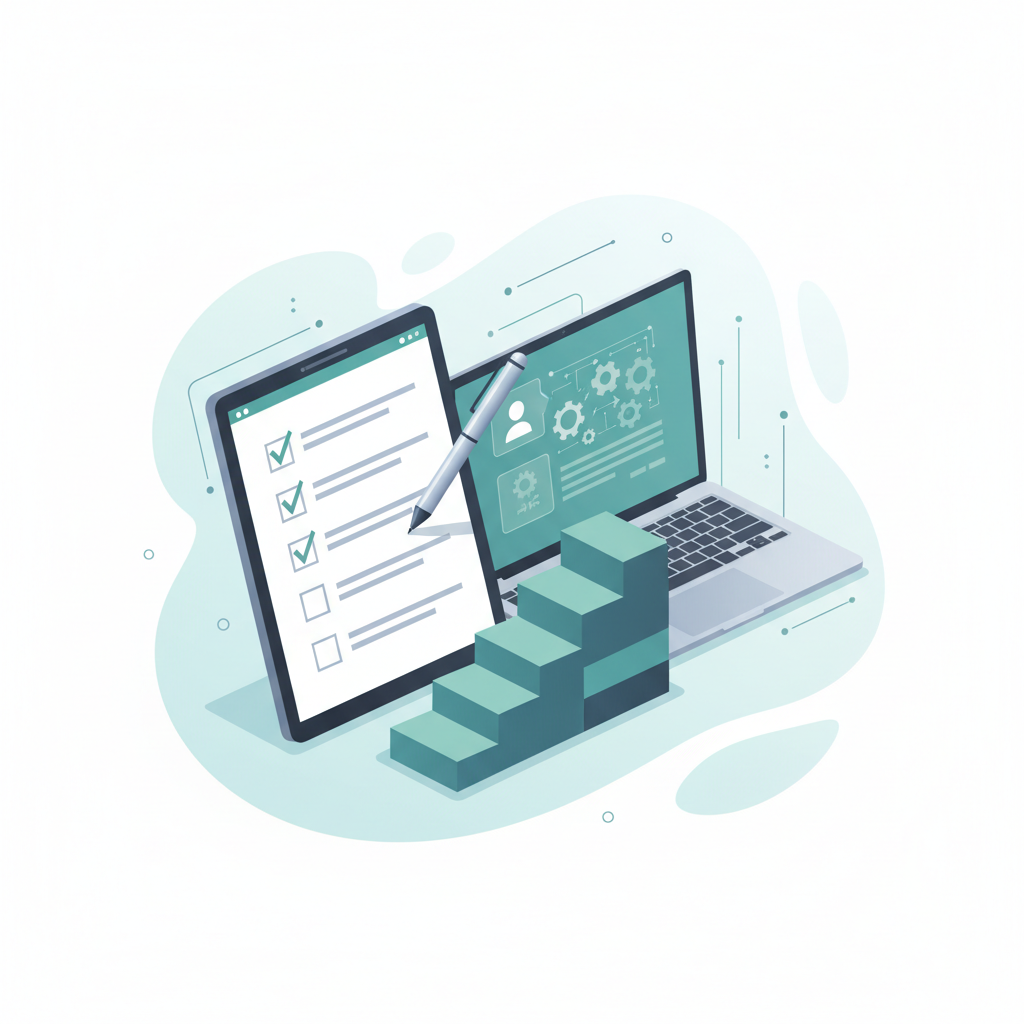 Egy ellenőrzőlista tollal és laptoppal, amely a megteendő lépéseket szimbolizálja. - Rewrite: https://bunny-agency.com/onlyfans-blog/test/ illustration